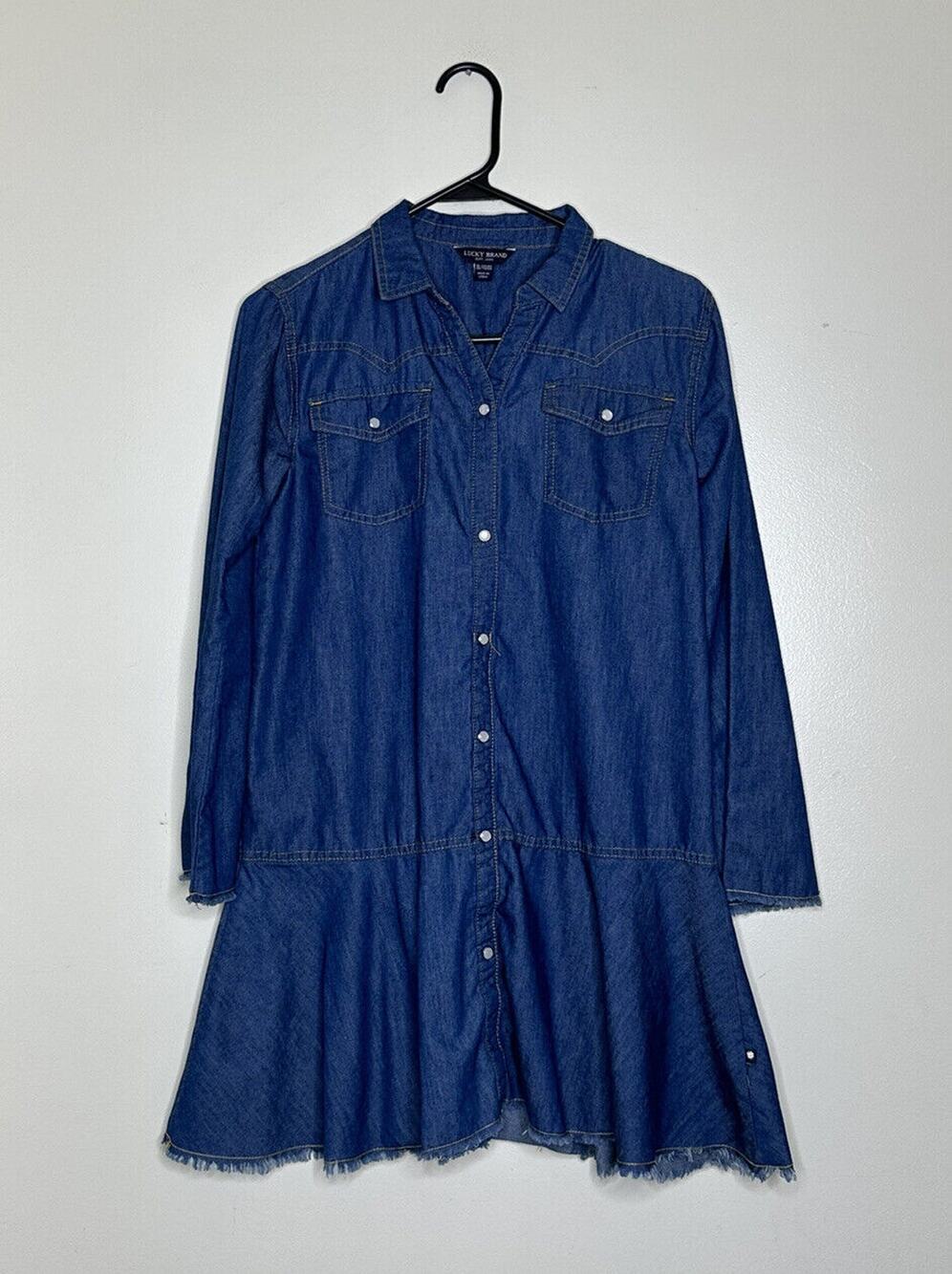 Lucky Brand Girls Size XL Rae Denim Dress Western Snaps Frayed Hems Shirt Dress